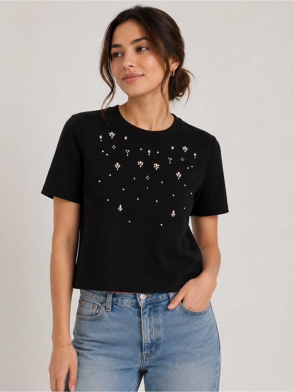 Zara Black Embellished T-Shirt | Size Medium